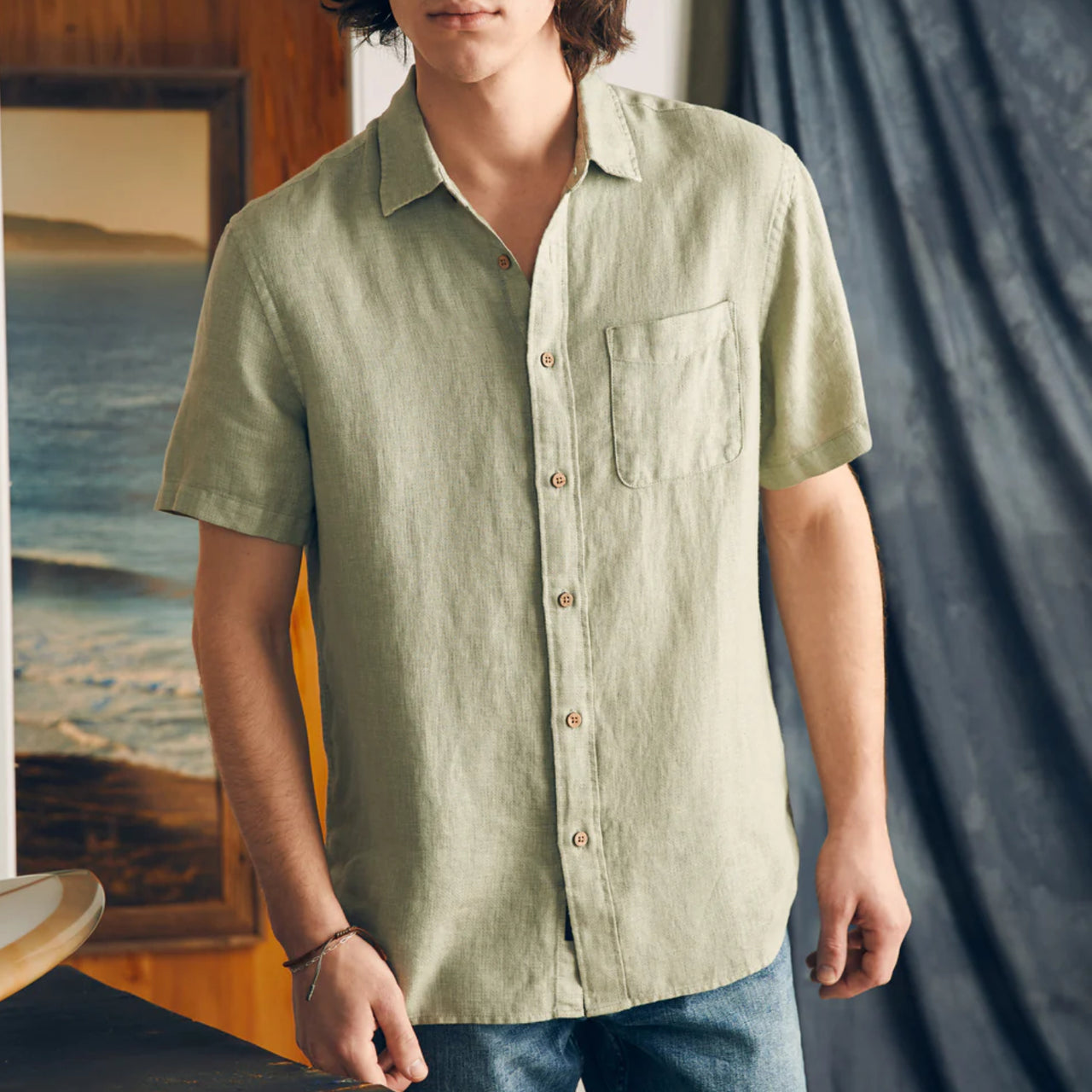 SS Palma Linen Shirt | Canyon Olive Basketweave