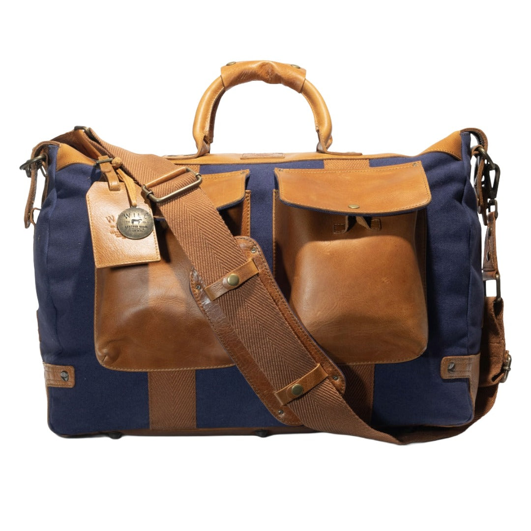 Canvas & Leather Travel Duffle | Navy & Tan