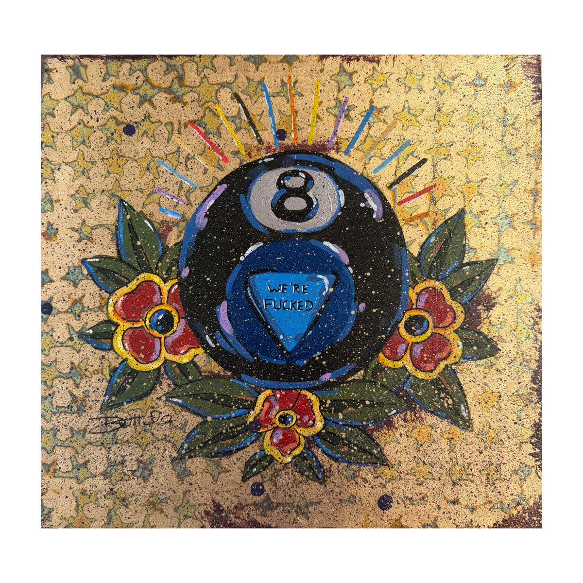 Gilded Magic 8 Ball We're Fucked Painted Panel