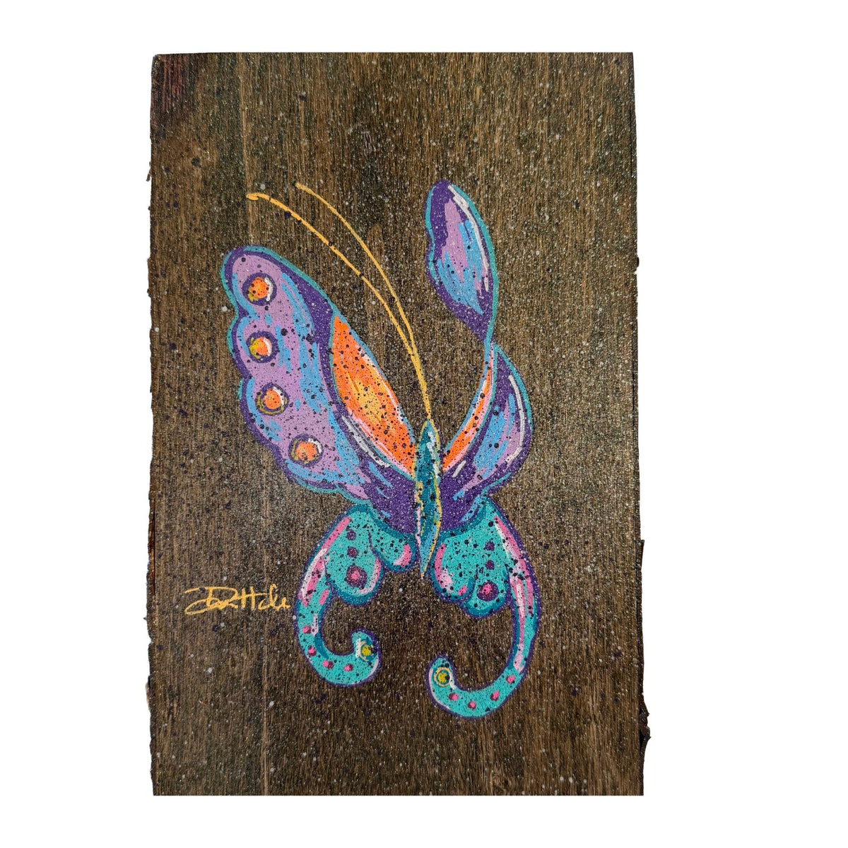 Teal and Purple Butterfly on Wood