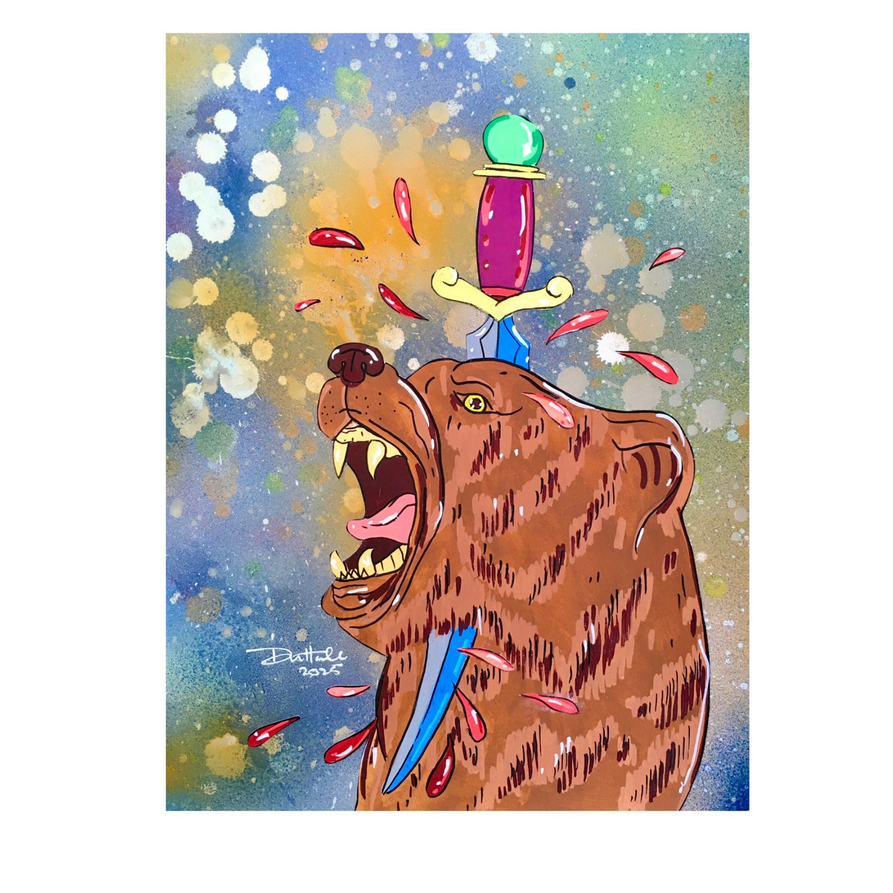 Blue & Orange Bear and Dagger Painting