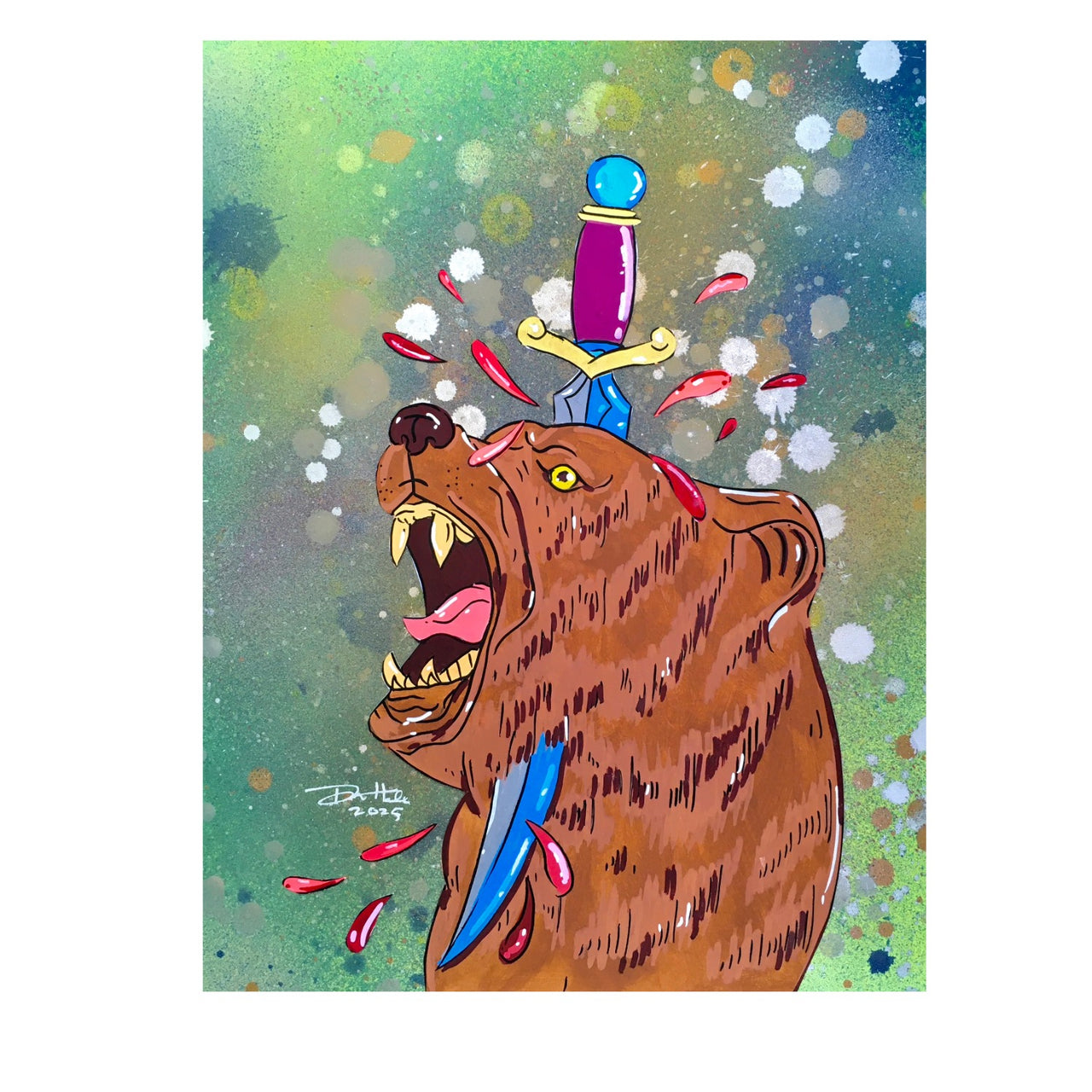 Green & Blue Bear and Dagger Painting