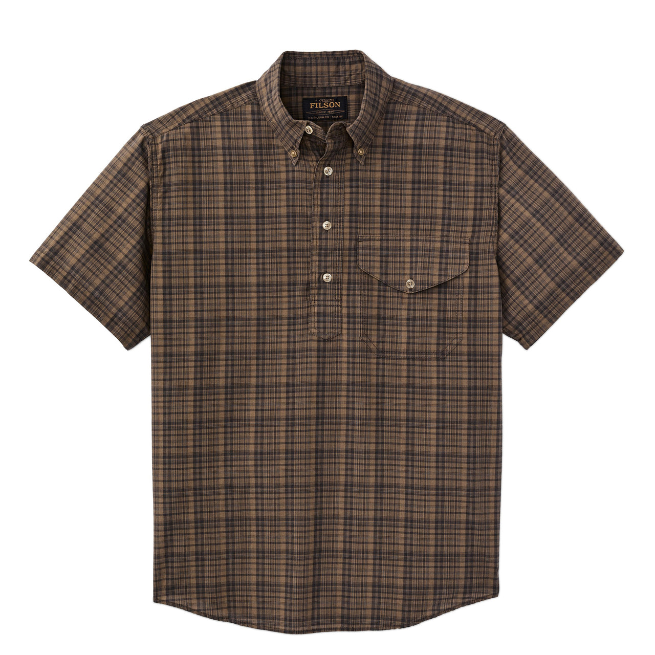 Short Sleeve Madras Popover Shirt | Brown & Olive Plaid