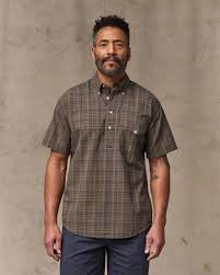 Short Sleeve Madras Popover Shirt | Brown & Olive Plaid