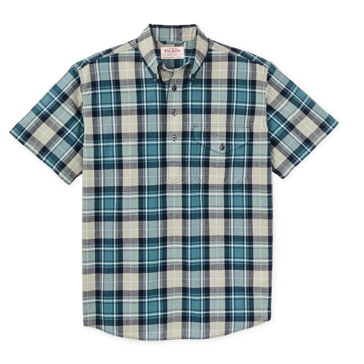 Short Sleeve Madras Popover Shirt | Gray & Teal